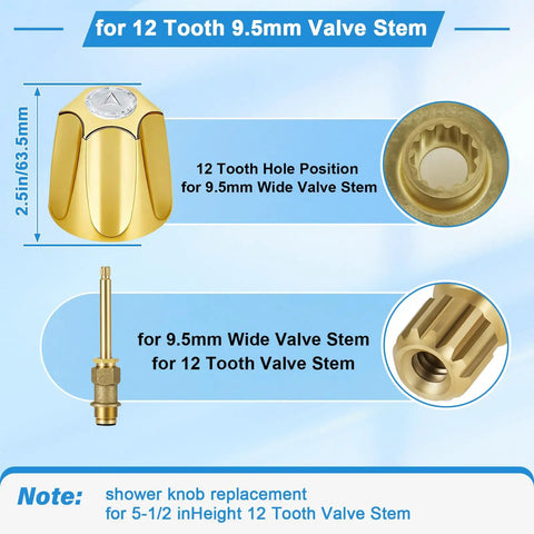 Polished Gold Shower Knob Set Two Piece Replacement For Verve Faucet Handles With 12 Tooth Valve Stem details and dimensions.