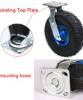 Heavy Duty Swivel And Fixed Plate Caster Set With Smooth Roll Pneumatic Rubber Wheels For Toolboxes And Utility Carts featuring swiveling top plate and four mounting holes.