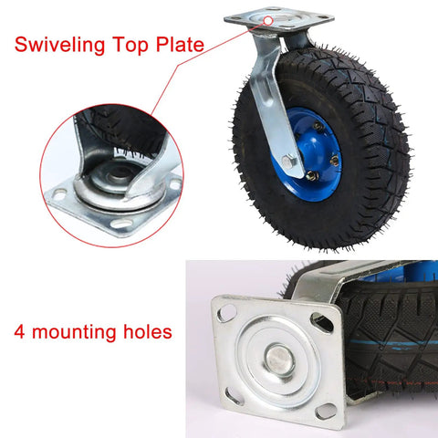 Heavy Duty Swivel And Fixed Plate Caster Set With Smooth Roll Pneumatic Rubber Wheels For Toolboxes And Utility Carts featuring swiveling top plate and four mounting holes.