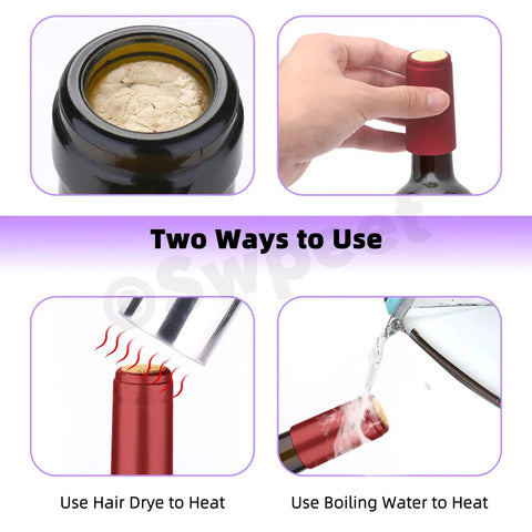 Wine Bottle Cork Stopper Kit With Dope PVC Heat Shrink Capsules demonstrating sealing methods with heat, visible cork and capsule in use.