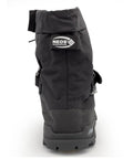 Dope Solid Glacier Trek Spike Boots With Heel Cleats Deliver Mean Ice And Snow Traction For Rough Outdoor Grinds Featuring Waterproof Nylon Uppers And Thirty Two Swappable Metal Spikes Plus A Wrench In Black Size Eleven rear view showing robust waterproof design and adjustable straps.