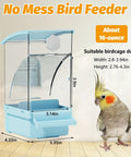 Foolproof Transparent Bird Feeder With Sturdy Perch, Spill Proof Acrylic Cage Food Container For Budgies Cockatiels And Parakeets, Hassle Free No Mess Daily Feed Dispenser Blue with measurement details.