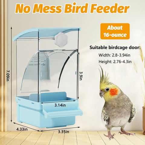 Foolproof Transparent Bird Feeder With Sturdy Perch, Spill Proof Acrylic Cage Food Container For Budgies Cockatiels And Parakeets, Hassle Free No Mess Daily Feed Dispenser Blue with measurement details.
