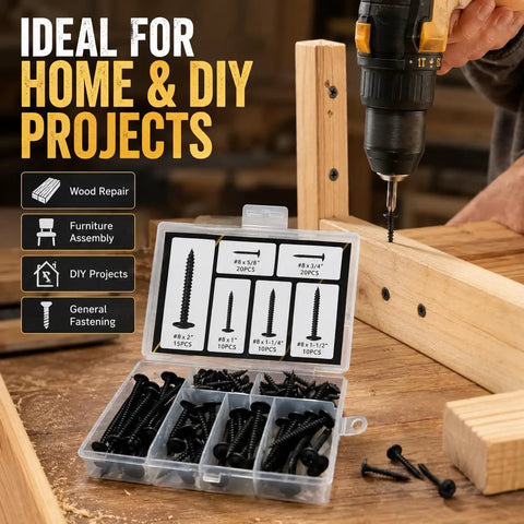 Number Eight Washer Head Screws Kit in Black Coated Finish, 85 Piece Set With Six Common Lengths for DIY and home projects