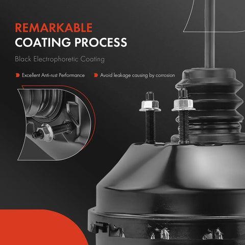 Close-up of Heavy Duty Vacuum Brake Booster For Chevy Cavalier Malibu Pontiac Grand Am Sunfire Oldsmobile Alero showing black coating and assembly details.