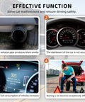 Four images showing car issues: black smoke from exhaust, inaccurate dashboard, fuel warning, and a man beside a car with punctured tire.