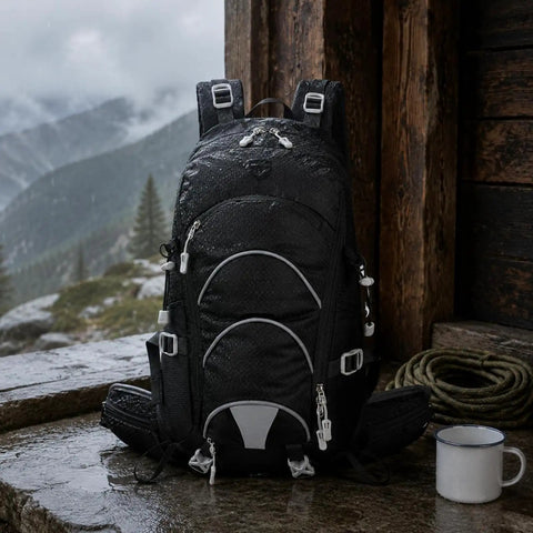 Dope Lightweight Hiking Backpack For Camping And Day Hikes, black, wet, against wooden wall, mug and rope in background
