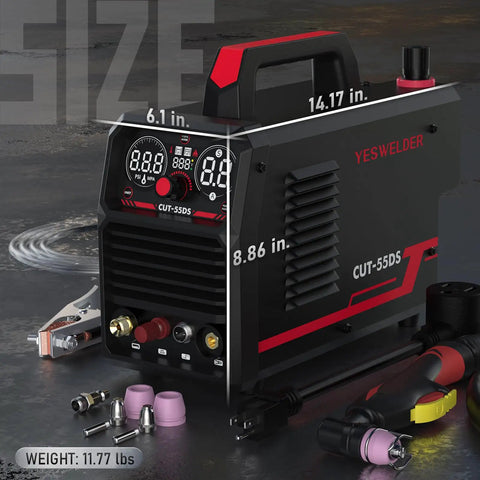 55 Amp Non Touch Pilot Arc Plasma Cutter with Dual Voltage 110 to 220V IGBT Inverter, large display, ETL approved, shown with accessories