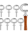 Front view of Cunhill 9-piece metal bottle opener set, silver finish, threaded stems; wood-handle opener included.