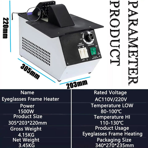 Pro Level Badass Eyeglass Frame Heater Featuring 1500W Digital Display Hot And Cold Air Switch For Quick Optical Adjustments and Precision Fine Work, front view with controls.