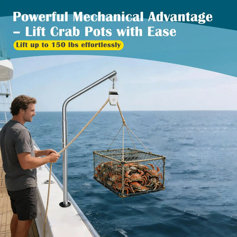 Rugged Pro Grade 800 Lb 304 Stainless Steel Crab Pot Puller Davit Rig With Ball Bearing Pulley Block lifting a crab pot on a boat.