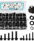 280 Piece Metric Flange Hex Bolt Kit With Nuts And Washers For Furniture DIY Projects Heavy Duty Hardware Set For Home Improvement And Mounting Perfect For Cabinets Shelves And Desk Projects With Quick Install No Slip Design And Great Value displayed in a clear plastic organizer with various sizes of bolts, nuts, and washers in each compartment.