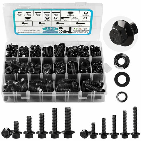 280 Piece Metric Flange Hex Bolt Kit With Nuts And Washers For Furniture DIY Projects Heavy Duty Hardware Set For Home Improvement And Mounting Perfect For Cabinets Shelves And Desk Projects With Quick Install No Slip Design And Great Value displayed in a clear plastic organizer with various sizes of bolts, nuts, and washers in each compartment.