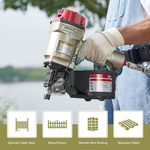 Person holding CN70 Pneumatic Coil Nailer 1-3/4 Inch To 2-3/4 Inch Siding Nailer with rapid shooting engine for framing and fencing