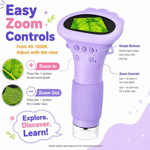 Awesome Kids Handheld Microscope Camera With 2 Inch Screen, Educational Magnifier Toy For Science Fun, Great Christmas Birthday Gift For Ages 3 To 12, Boys And Girls, Purple with zoom controls