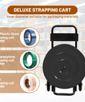 Heavy Duty Strapping Cart Dispenser With Wheels Portable Packaging Trolley Featuring Built In Tray For Poly Plastic And Steel Bands, showing suitable inner diameters for various coils.