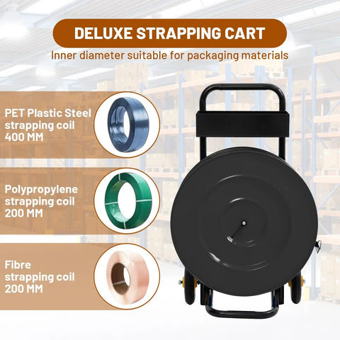 Heavy Duty Strapping Cart Dispenser With Wheels Portable Packaging Trolley Featuring Built In Tray For Poly Plastic And Steel Bands, showing suitable inner diameters for various coils.