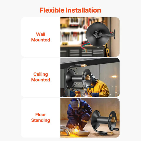 Flexible installation of Heavy Duty Welding Hose Reel With Hand Crank Rewind Three Foot Lead In Hose And 9/16-18 BF Fittings
