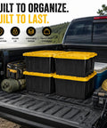 Heavy Duty Storage Totes With Secure Snap Fit Lids, 27 Gallon Stackable Plastic Bins For Garage Setup in truck bed.