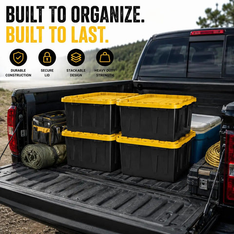 Heavy Duty Storage Totes With Secure Snap Fit Lids, 27 Gallon Stackable Plastic Bins For Garage Setup in truck bed.