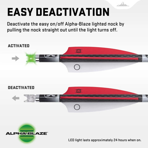 Lighted 20 Inch Carbon Crossbow Arrows Pack Of 3 For Serious Hunting, showing easy deactivation of Alpha Blaze lighted nock.