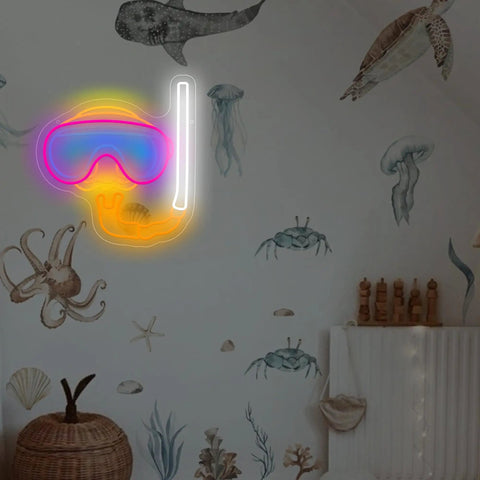 Neon Sign Diver Mask Style Scuba Diving LED Neon Light For Wall Decor And Beach House Dope Vibe Perfect For Dive Shops Ocean Theme Rooms Bathroom Game Room And Underwater Spaces glowing on wall with ocean mural