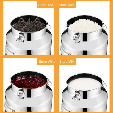 Heavy Duty 304 Stainless Steel Storage Container 16.9 Gallon No Sweat Airtight Barrel storing tea, rice, wine, and milk.