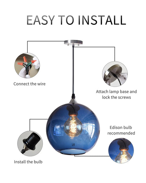 Diagram showing installation steps for Hand Blown Glass Pendant Light For Kitchen Island Capri Blue Globe Seeded Bubbles Lit Eight Point Seven Inch Diameter 60 Inch Adjustable Cord ETL Listed Modern Ceiling Light
