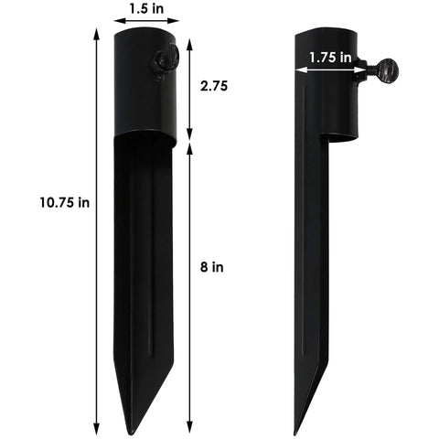 Ground Spike Garden Stakes For Outdoor Lights Set Of 2 Steel Torch Stakes Fits Poles Up To 1.25 Inches shown with dimensions.