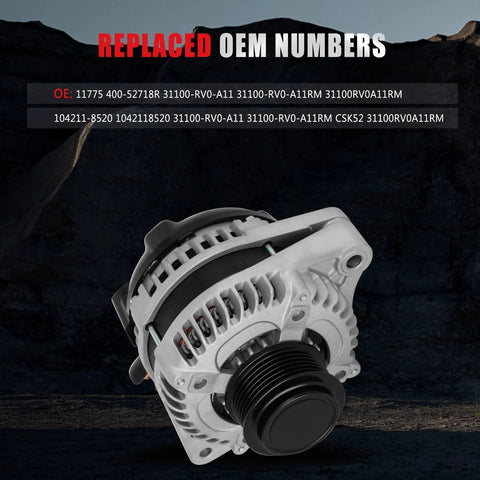 Front view of alternator for Honda Odyssey 2014-2017 V6 3.5L replaces part number 31100 RV0 A11 with 6-groove pulley