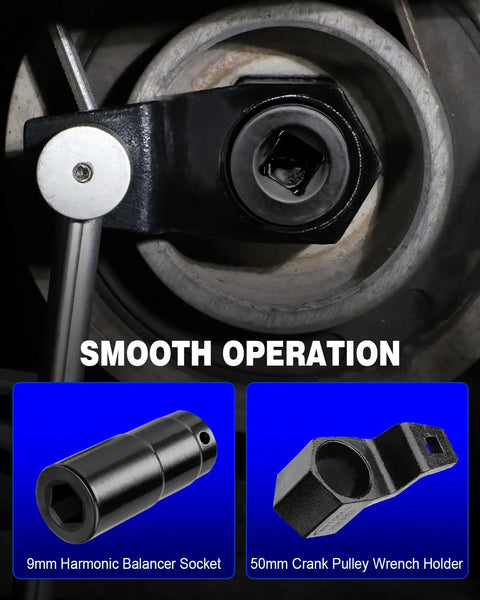 No Nonsense Pro Grade Harmonic Balancer Socket 19mm and 50mm Crank Pulley Wrench Holder Kit showing installation and smooth operation.