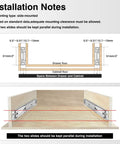 Installation notes for Pro Shop Grade Locking Drawer Slides Side Mount Full Extension Ball Bearing Runners showing side-mounting details.