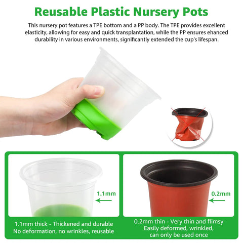 Clear 5 Inch Nursery Pots With Silicone Base for Easy Transplant, showing flexible green silicone bottom in hand for root cutting