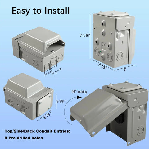 Heavy Duty NEMA L5 30R Power Outlet Box With 15 Amp Switch Weatherproof Lockable Outdoor Electrical Panel dimensions and design features.