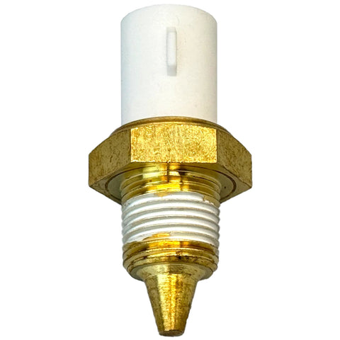 Close-up of engine coolant temperature sensor with white plastic electrical connector and brass threaded body