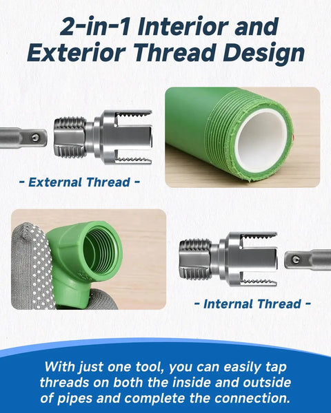 Two In One Pipe Tapping And Threading Kit for PVC Pipes showing internal and external thread design