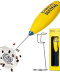 Electric Coffee Milk Frother Handheld Battery Operated Drink Mixer With Stainless Steel Whisk And Stand In Bold Yellow for home use.