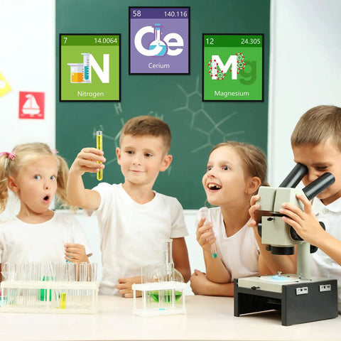 Children exploring Colorful Science Bulletin Board Set With Scientist Posters And Classroom Banner For Teachers in classroom