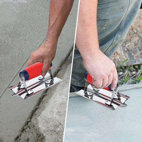 Man using Three Piece Concrete Tools Kit With Stainless Steel Finishing Trowel 11 By 4 Inch Edger 6 By 3 Inch Groover 6 By 3 Inch