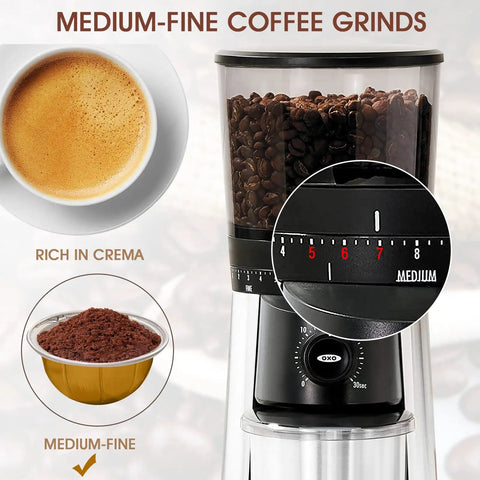 Medium-fine coffee grinder with scale settings, showing rich crema and medium-fine grind, next to cup of coffee and ground beans.