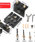 3 In 1 Dowel Jig Kit Self Centering Doweling Jig For Straight Dowel Holes With 6mm 8mm 10mm 15mm Bits laid out with accessories