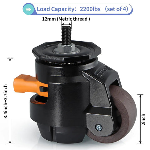 MOLIGOU Heavy Duty Leveling Stem Casters Four Pack Retractable With Ratchet Handle For Workbenches 2200 Lbs Total Load Capacity 550 Lbs Per Caster Solid Steel Construction Nylon Wheels Anti Vibration Foot Pads