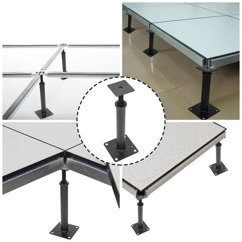 4 Pack Adjustable Floor Jacks For Leveling And Temporary Basement Support, Telescoping Post Jacks 11.6 To 16.1 Inches, Heavy Duty Steel Construction, Supports Up To 11023 Lbs, Multipurpose Jacks shown in various views including close-up and installed.