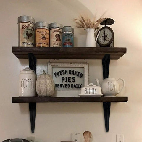 Kitchen shelf setup with coffee and tea decor supported by Beefed Up Heavy Duty Black Metal Floating Shelf Brackets Set 4x3 Inch L Brackets.
