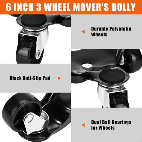 Heavy Duty 17 Piece Furniture Moving Dolly Set Includes Eight 3 Wheel Steel Tri Dollies With Swivel Casters And Sturdy Crowbar For Easy Sliding Of Couches, Appliances, And Mattresses Up To 200 Lb Capacity In Black Finish, featuring durable polyolefin wheels.