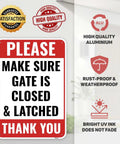 Top Shelf Aluminum Gate Signs 10 By 7 Inches 2 Pack Keep Gate Closed And Latch For Secure Yard Fence Perimeter displayed on a wall.