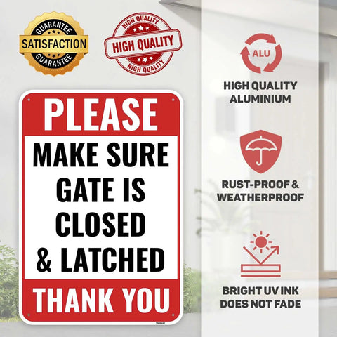 Top Shelf Aluminum Gate Signs 10 By 7 Inches 2 Pack Keep Gate Closed And Latch For Secure Yard Fence Perimeter displayed on a wall.