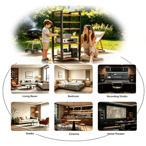 5 Layer HiFi Stand On Wheels For Heavy Duty Audio Gear And Vinyl Storage Rolling AV Rack With Adjustable Shelves outdoors