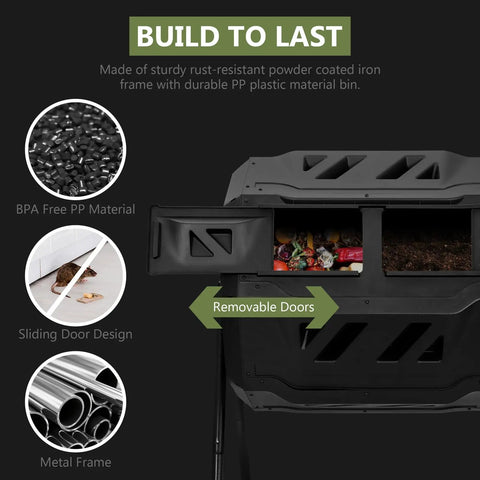 43 Gallon Black Compost Tumbler Dual Rotating Outdoor Garden Bin For Easy Batch Composting In The Backyard Durable Iron And PP Construction showing compartment and materials.