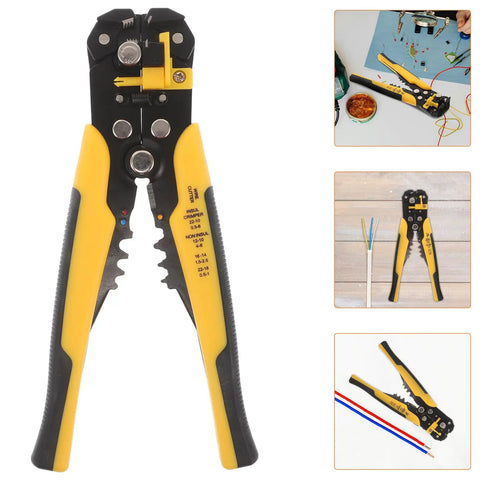 Heavy Duty Automatic Wire Strippers And Crimping Tool Built Tough Electric Cable Cutter Pliers with yellow grips and measurement markings.